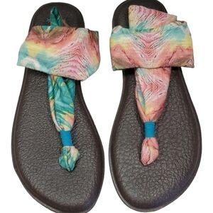 Sanuk Women Yoga Flip Flop Sling Peacock Sandals Flats shoes sz 8